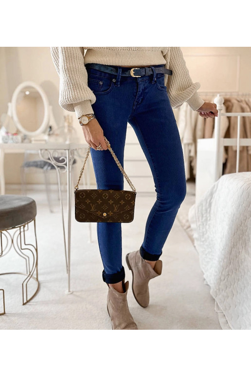 Modré dámské kalhoty s páskem Rocher