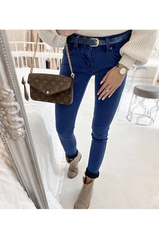 Modré dámské kalhoty s páskem Rocher