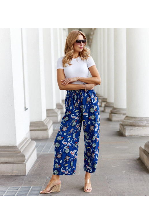 Palermo modré květinové široké kalhoty