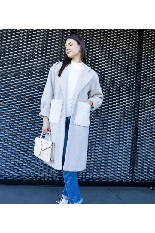 Dlouhý béžový kabát s plyšovými...