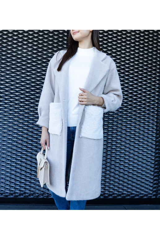 Dlouhý béžový kabát s plyšovými...