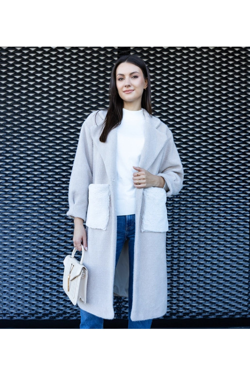 Dlouhý béžový kabát s plyšovými...