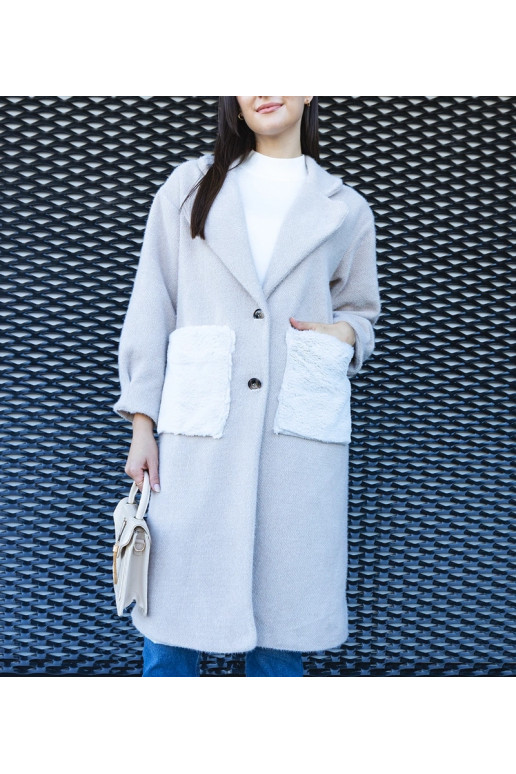 Dlouhý béžový kabát s plyšovými...