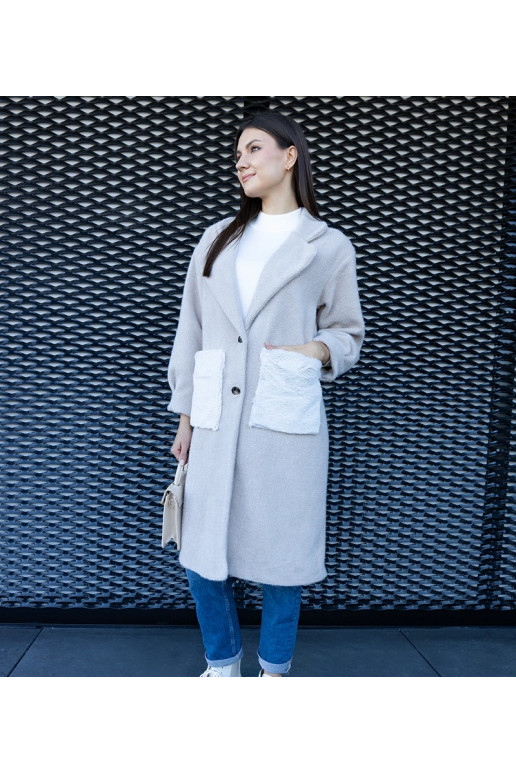 Dlouhý béžový kabát s plyšovými...