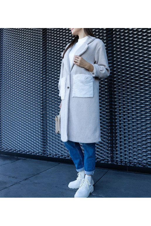 Dlouhý béžový kabát s plyšovými...