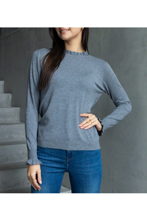 Šedý měkký svetr zdobený volánky Luel