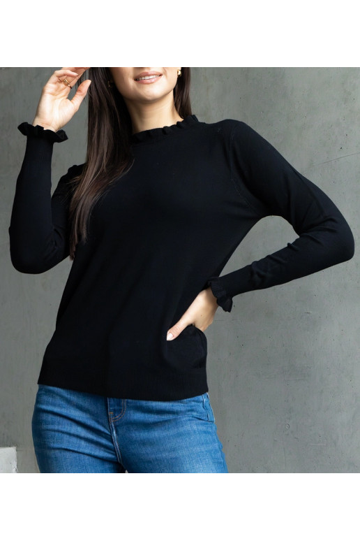 Černý měkký svetr zdobený volánky Luel