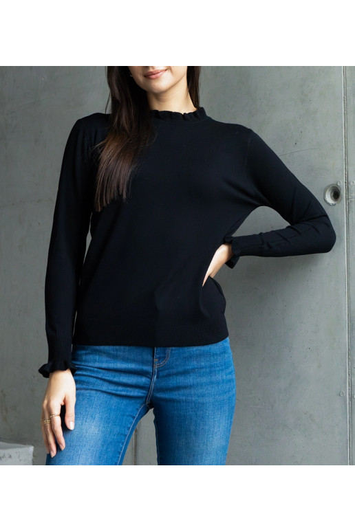 Černý měkký svetr zdobený volánky Luel