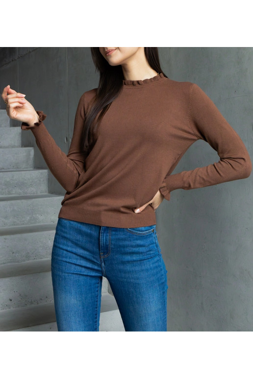 Hnědý měkký svetr zdobený volánky Luel