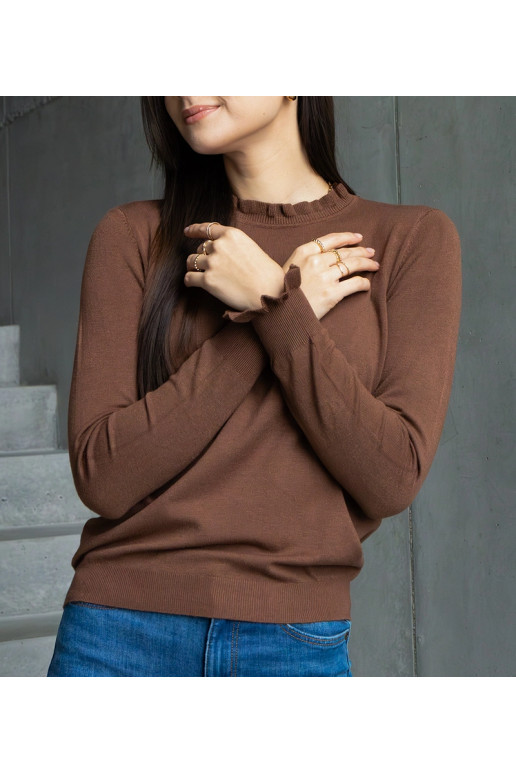 Hnědý měkký svetr zdobený volánky Luel