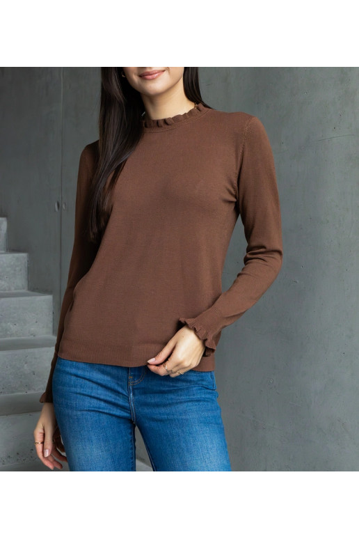 Hnědý měkký svetr zdobený volánky Luel