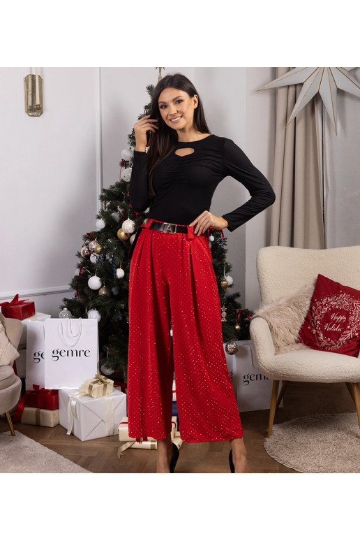 Červené volné kalhoty zdobené zirkony...