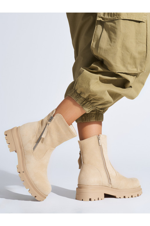 Béžové dámské kotníkové boty s ozdobným zipem