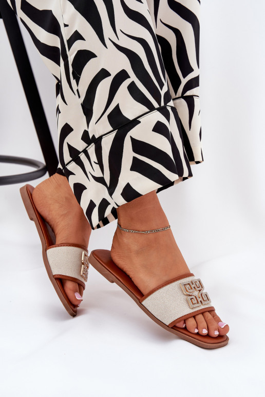 Elegantní styl Dámské pantofle s ornamenty s širokými podpatky hnědáLovehia Elegantní styl Dámské pantofle s ornamenty s širokými podpatky hnědáLovehia