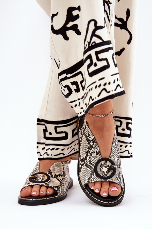 Ploché sandály s ornamenty hadí potisk béžové-hnědá Haliones