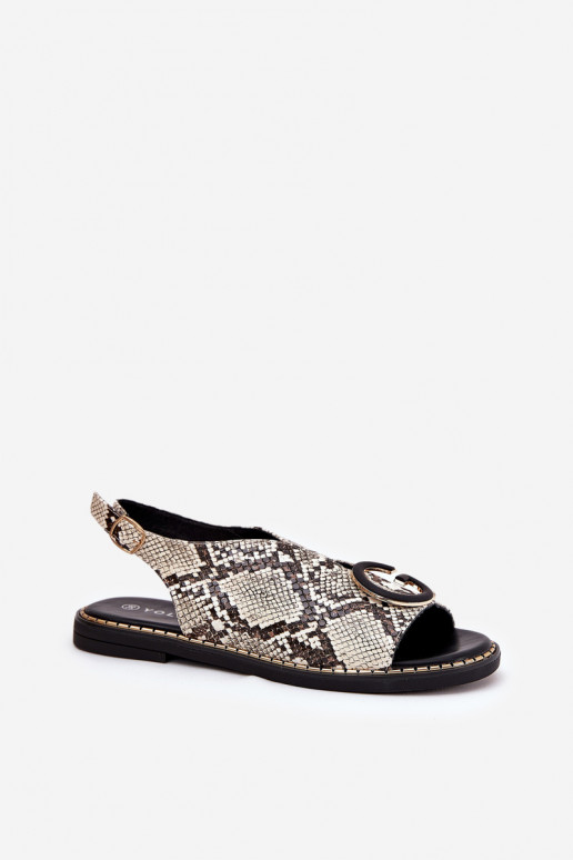 Ploché sandály s ornamenty hadí potisk béžové-hnědá Haliones