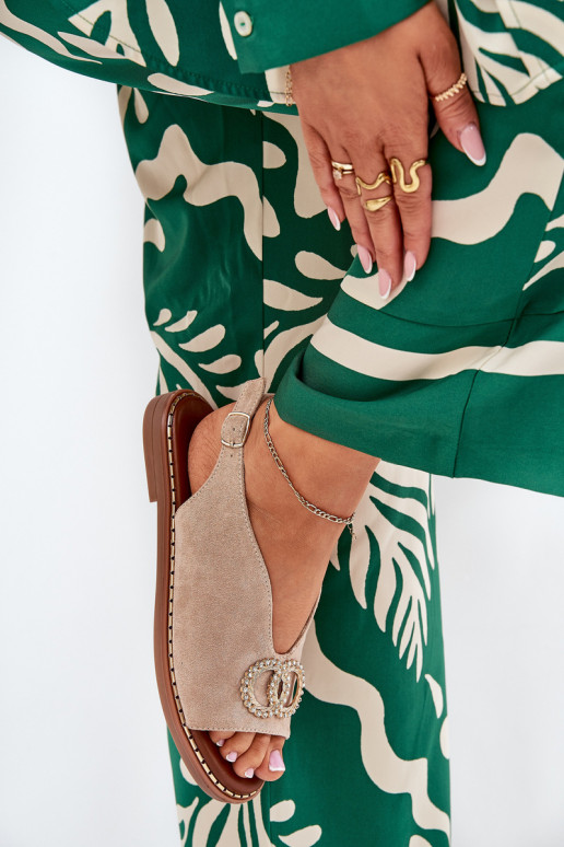 Dámské sandály s ornamenty s širokými podpatky z eko semišeowe béžové Ralisses