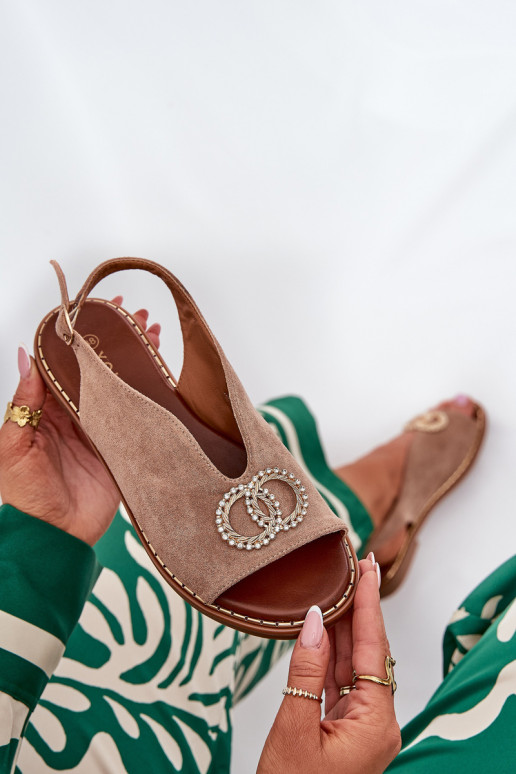 Dámské sandály s ornamenty s širokými podpatky z eko semišeowe béžové Ralisses