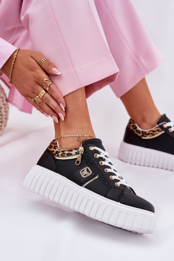 tenisky  s platformou z ekologické kůže se vzory leopardí kožešiny Černé Velionna