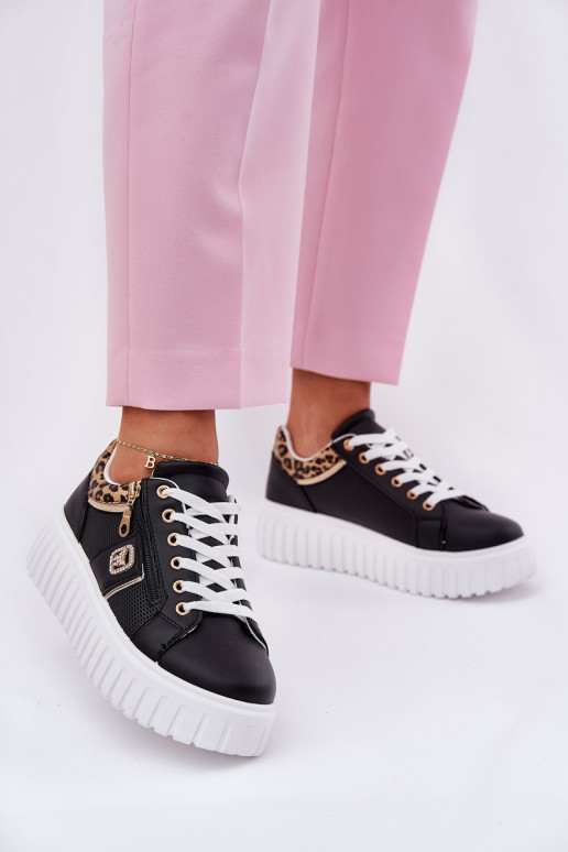 tenisky  s platformou z ekologické kůže se vzory leopardí kožešiny Černé Velionna tenisky  s platformou z ekologické kůže se vzory leopardí kožešiny Černé Velionna