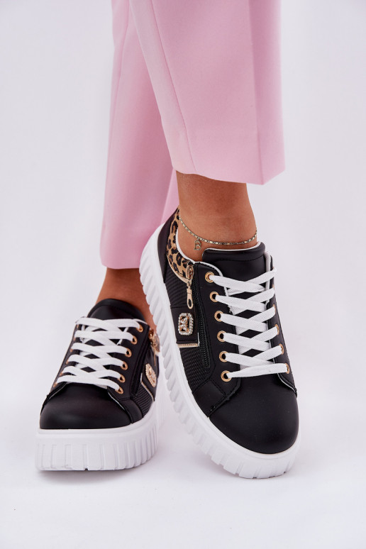 tenisky  s platformou z ekologické kůže se vzory leopardí kožešiny Černé Velionna tenisky  s platformou z ekologické kůže se vzory leopardí kožešiny Černé Velionna