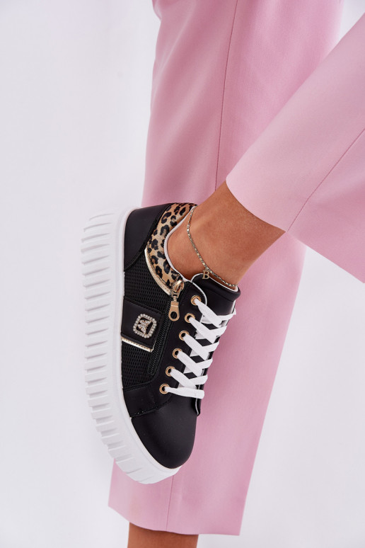 tenisky  s platformou z ekologické kůže se vzory leopardí kožešiny Černé Velionna tenisky  s platformou z ekologické kůže se vzory leopardí kožešiny Černé Velionna