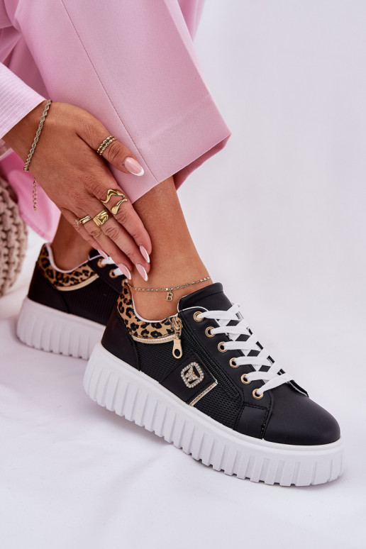 tenisky  s platformou z ekologické kůže se vzory leopardí kožešiny Černé Velionna tenisky  s platformou z ekologické kůže se vzory leopardí kožešiny Černé Velionna