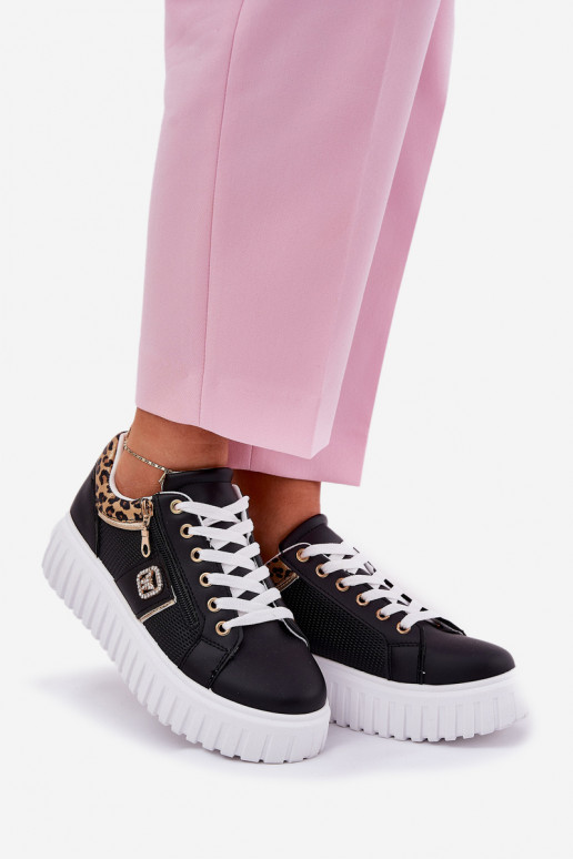 tenisky  s platformou z ekologické kůže se vzory leopardí kožešiny Černé Velionna tenisky  s platformou z ekologické kůže se vzory leopardí kožešiny Černé Velionna