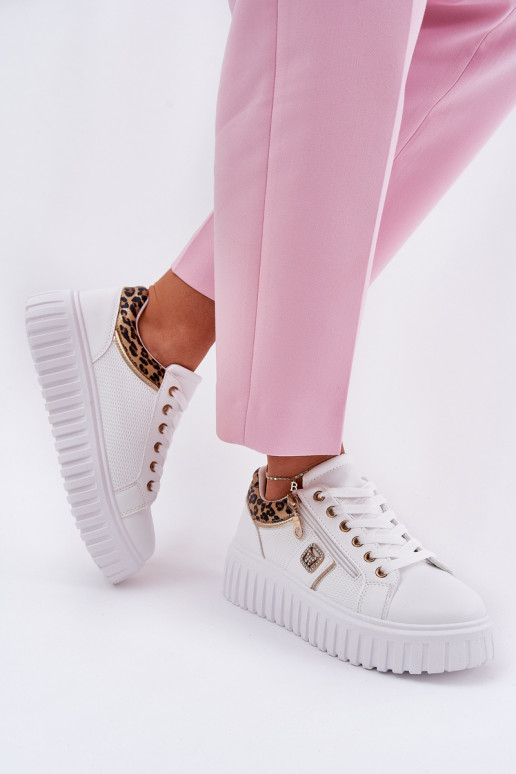 tenisky  s platformou z ekologické kůže se vzory leopardí kožešiny bílé Velionna