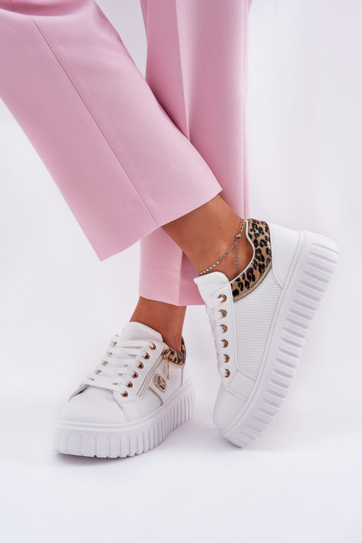 tenisky  s platformou z ekologické kůže se vzory leopardí kožešiny bílé Velionna