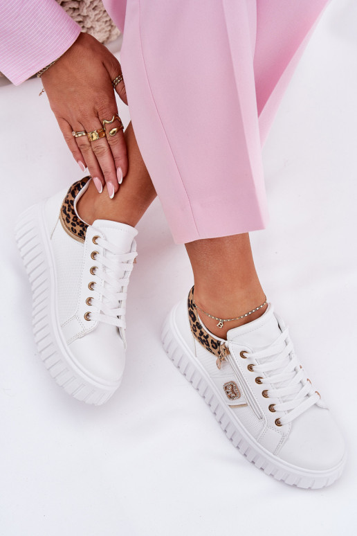 tenisky  s platformou z ekologické kůže se vzory leopardí kožešiny bílé Velionna