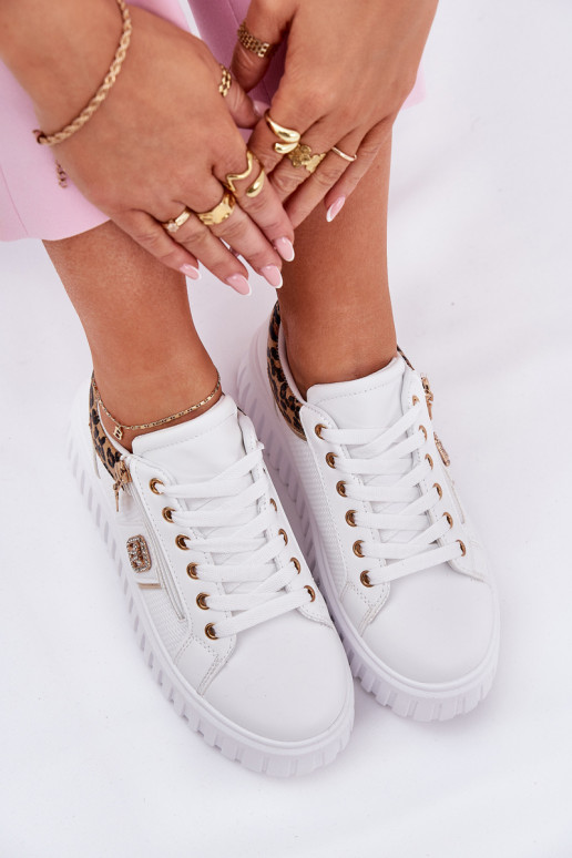 tenisky  s platformou z ekologické kůže se vzory leopardí kožešiny bílé Velionna