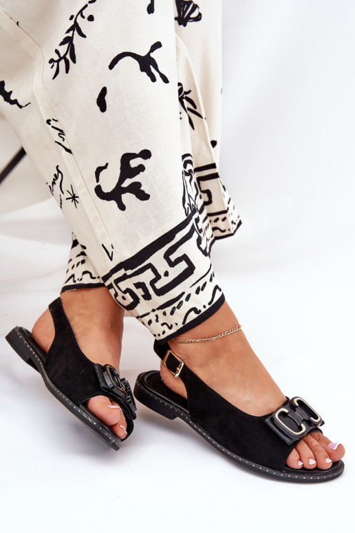 Ploché sandály s ornamenty z eko semišeowe Černé Lilria