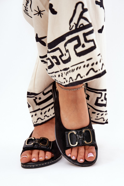 Ploché sandály s ornamenty z eko semišeowe Černé Lilria