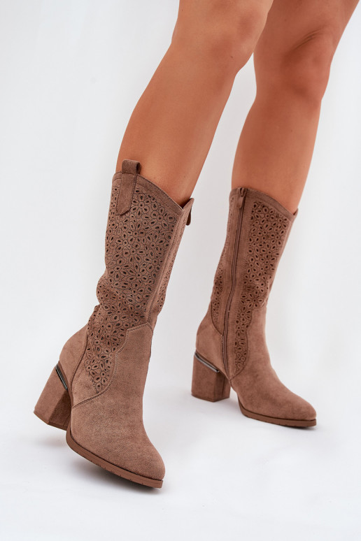 s ažurovými prvky dlouhé boty kovbojský styl  S.Barski HY51-238 hnědá s ažurovými prvky dlouhé boty kovbojský styl  S.Barski HY51-238 hnědá