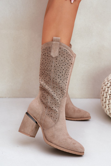 s ažurovými prvky dlouhé boty kovbojský styl  S.Barski HY51-238 béžové 2