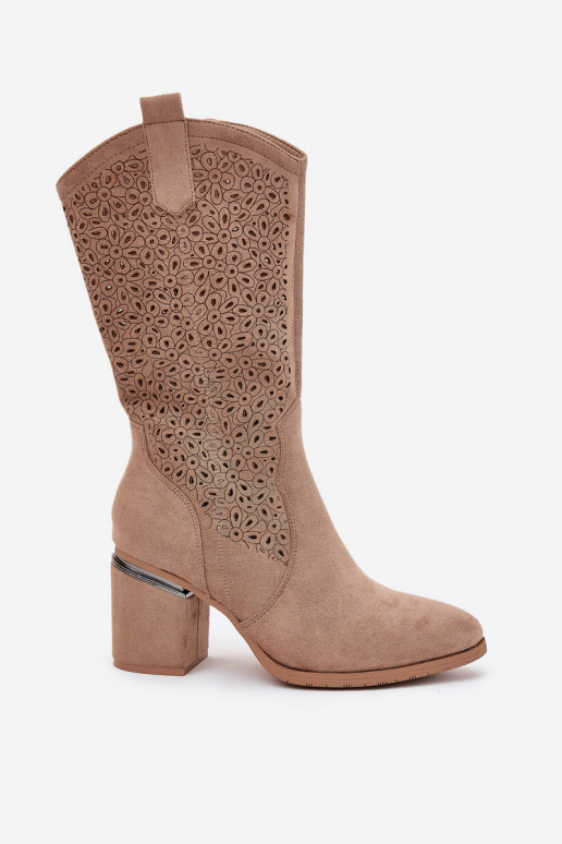 s ažurovými prvky dlouhé boty kovbojský styl  S.Barski HY51-238 béžové s ažurovými prvky dlouhé boty kovbojský styl  S.Barski HY51-238 béžové