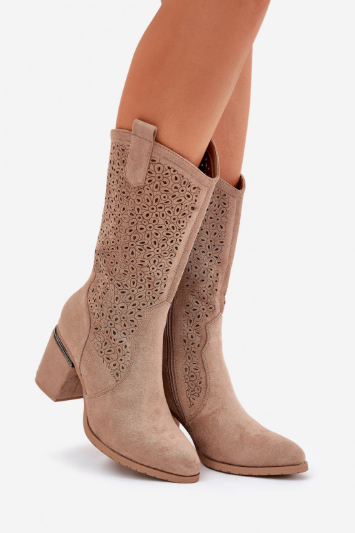 s ažurovými prvky dlouhé boty kovbojský styl  S.Barski HY51-238 béžové s ažurovými prvky dlouhé boty kovbojský styl  S.Barski HY51-238 béžové