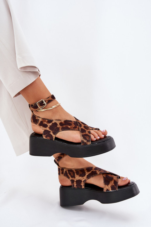 Dámské sandály s platformou I Koturnie se vzory leopardí kožešiny hnědá Tenzorus