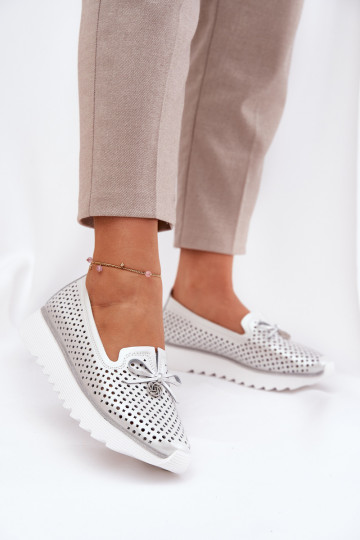 s ažurovými prvky boty  Z Naturalnej Skóry D&A LR51-631 stříbrné barvy 2