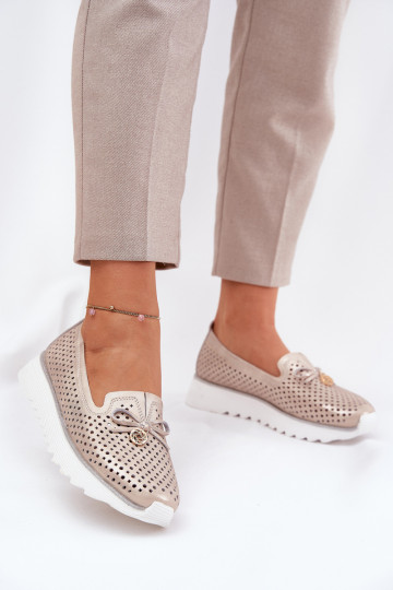 s ažurovými prvky boty  Z Naturalnej Skóry D&A LR51-631 zlaté barvy