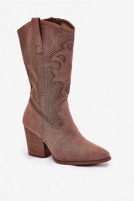 s ažurovými prvky dlouhé boty kovbojský styl s podpatky S.Barski HY51-606 hnědá s ažurovými prvky dlouhé boty kovbojský styl s podpatky S.Barski HY51-606 hnědá