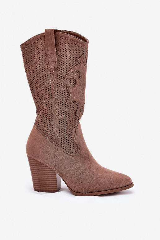 s ažurovými prvky dlouhé boty kovbojský styl s podpatky S.Barski HY51-606 hnědá s ažurovými prvky dlouhé boty kovbojský styl s podpatky S.Barski HY51-606 hnědá