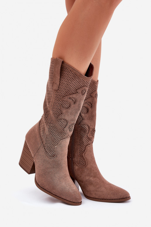 s ažurovými prvky dlouhé boty kovbojský styl s podpatky S.Barski HY51-606 hnědá s ažurovými prvky dlouhé boty kovbojský styl s podpatky S.Barski HY51-606 hnědá
