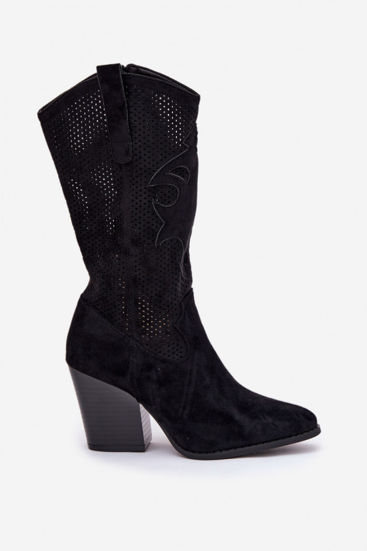 s ažurovými prvky dlouhé boty kovbojský styl s podpatky S.Barski HY51-606 Černé s ažurovými prvky dlouhé boty kovbojský styl s podpatky S.Barski HY51-606 Černé