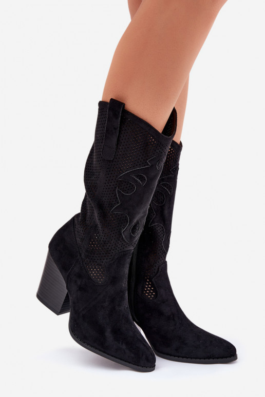 s ažurovými prvky dlouhé boty kovbojský styl s podpatky S.Barski HY51-606 Černé s ažurovými prvky dlouhé boty kovbojský styl s podpatky S.Barski HY51-606 Černé