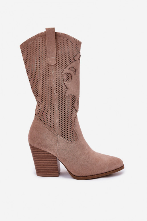 s ažurovými prvky dlouhé boty kovbojský styl s podpatky S.Barski HY51-606 béžové s ažurovými prvky dlouhé boty kovbojský styl s podpatky S.Barski HY51-606 béžové