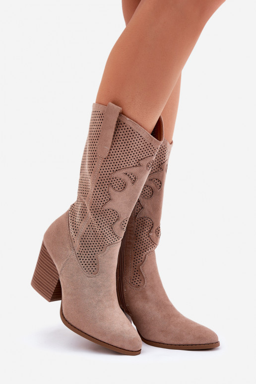 s ažurovými prvky dlouhé boty kovbojský styl s podpatky S.Barski HY51-606 béžové s ažurovými prvky dlouhé boty kovbojský styl s podpatky S.Barski HY51-606 béžové