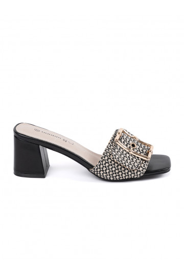 Tweedowe černá-bílé Pantofle na podpatku