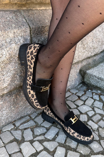 Semišové mokasíny  se vzory leopardí kožešiny Vinceza 66791 Černé